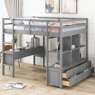 Full Size Loft Bed with Built-in Desk with Two Drawers