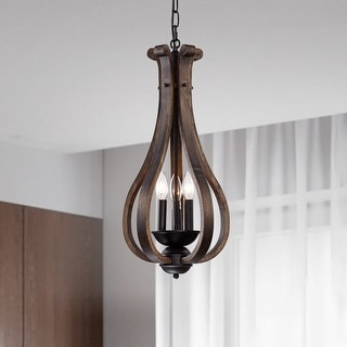 Rustic Brown Wood Chandelier 3-Light Farmhouse Pendant Light