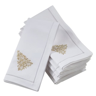 Saro Lifestyle White Cotton Hemstitch Table Napkins with Embroidered Pine Tree Design (Set of 6)