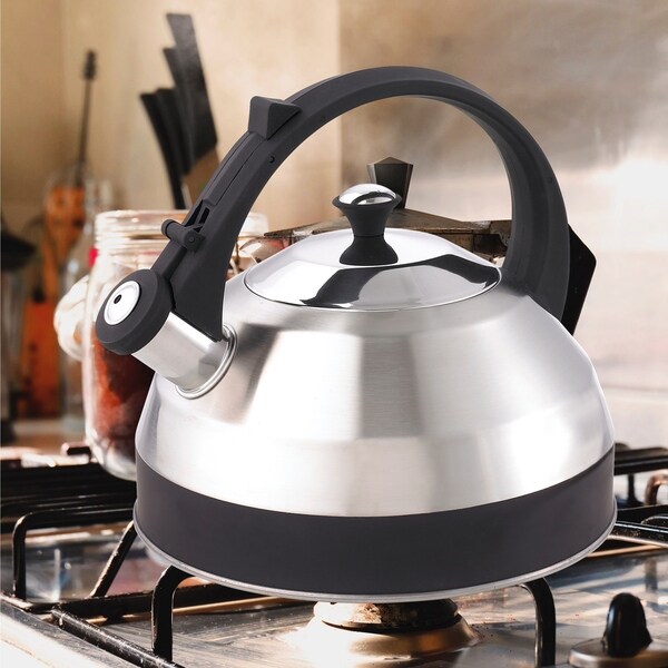 Creative Home Steppes 2.8 Quart Stainless Steel Whistling Tea Kettle with Aluminum Capsulated Bottom, Black Handle and Konb