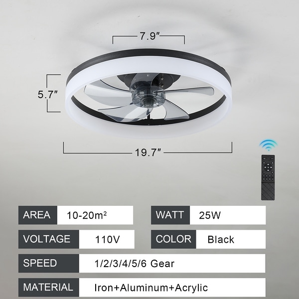 Oaks Aura 20in. Modern Low Profile Ceiling Fan with Light, Black Flush Mount Ceiling Fan with Remote for Bedroom