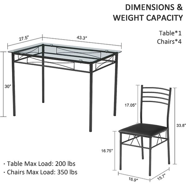 Javlergo 5-pieces Dining Set with Tempered Glass Table and Upholstered Chairs Kitchen Furniture