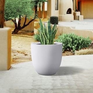Plantara 13" D Round Solid White Concrete Modern planter, Outdoor Flower pot, Plant pot with Drainage Hole, plug for Garden