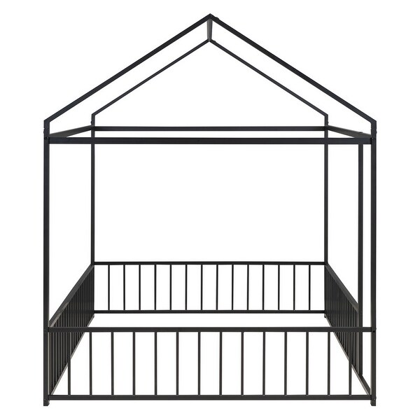 77.5" Metal Bed House Bed Frame with Fence, for Kids, Teens,Full Size Floor Bed