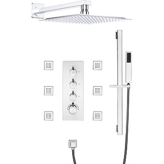 16" Wall Mount Rainfall 3 Way Thermostatic Faucet Shower System with Slide Bar, 6 Jets
