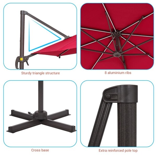 AOOLIMICS 10 ft. Solar LED 360-Degree Rotation Cantilever Outdoor Umbrellas With Cross Base