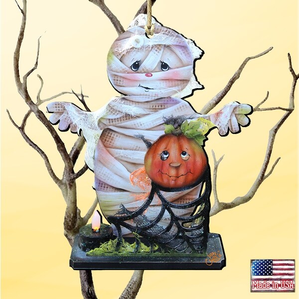 Set of 2 Mummy Pumpkin Wooden Halloween Ornaments 5.5"
