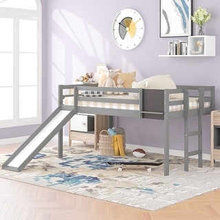 Toddler Low Loft Bed with Slide & Ladder, Pine Wood Bed Frame with Chalkboard for Kids Boys Girls, No Box Spring Needed