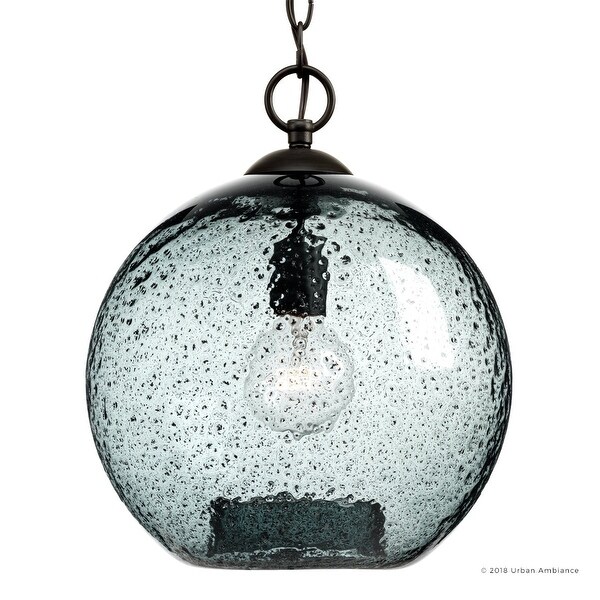 Luxury Vintage Smoky Blue Bubble Glass Pendant Light, 14"H x 12"W, with Olde Bronze Finish by Urban Ambiance