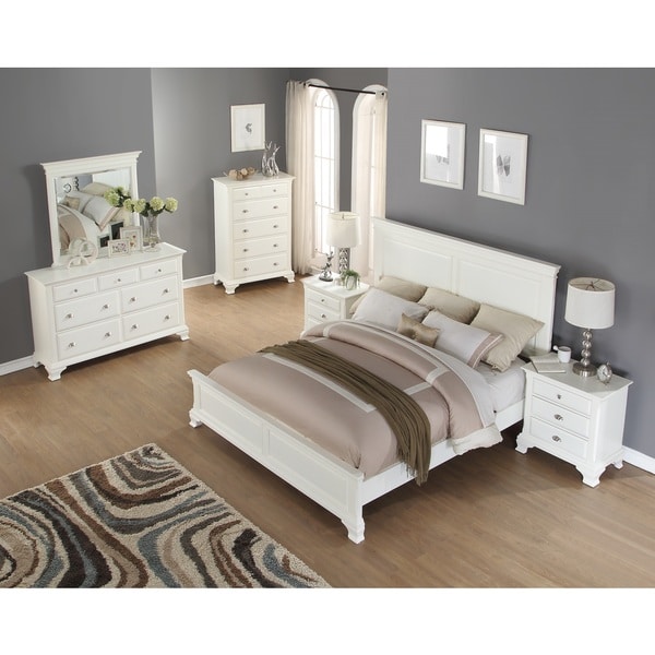 Roundhill Furniture Laveno 012 White Wood Bedroom Furniture Set, Includes Queen Bed, Dresser, Mirror, Night Stand and Chest