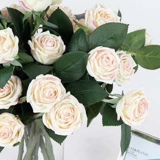 FloralGoods Real Touch 2 Rose Bloom Short Stem in Pink White 15" Tall