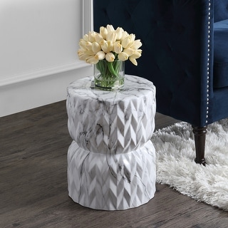 Chevron Drum 17.5" White Marble Finish Ceramic Garden Stool