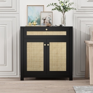Black Rattan Cabinet with Drawer and 2 Doors Accent Cabinet with Adjustable Shelves