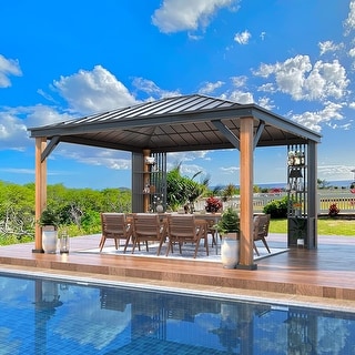 EROMMY 12' x 14' Hardtop Gazebo Faux Wood Grain Metal Gazebo with Storage Shelves, Aluminum Frame, Galvanized Iron Roof