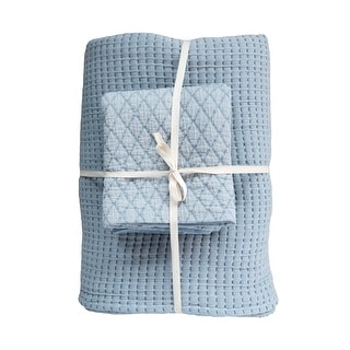 Cotton Kantha Stitched Bed Cover with 2 Quilted Standard Shams, Queen, Set of 3 Pieces