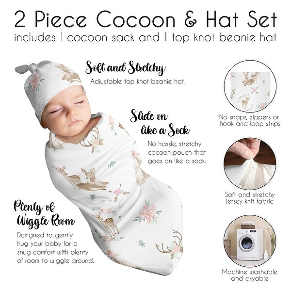 Woodland Deer Floral Girl Baby Cocoon and Beanie Hat Sleep Sack - 2pc Set - Blush Pink Mint Green White Boho Watercolor Forest