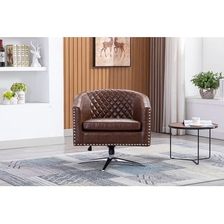 Polyester Swivel Barrel Chair Living Room Chair with Nailheads and Metal Base, Filled with High-Quality Foam