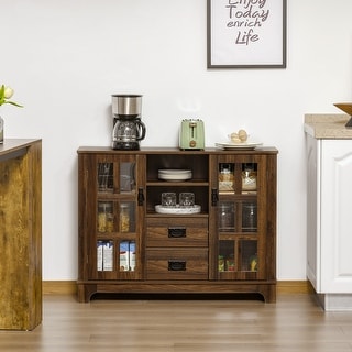 HOMCOM Sideboard Storage Cabinet, Kitchen Cupboard Buffet Server with Glass Doors, 2 Drawers & Adjustable Shelves