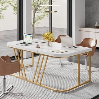 63" Executive Home Office Desk, Modern White and Gold