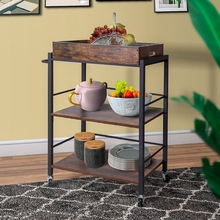 Tray Top Wooden Kitchen Cart with 2 Shelves and Casters, Brown and Black