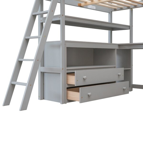Full Size Wooden Loft Bed with L-Shape Desk, 2 Built-in Drawers & Shelves, Multifunctional Loft Bedframe with Ladder & Guardrail