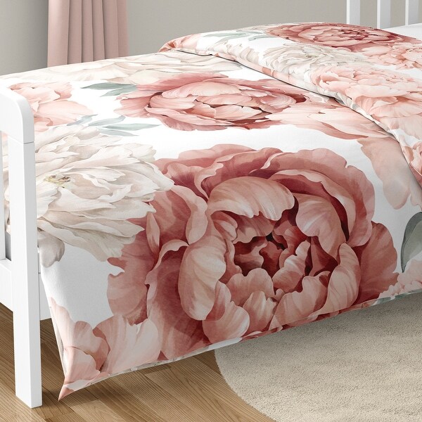 Boho Shabby Chic Floral Girl Toddler Comforter Set Ivory Bohemian Vintage Garden Watercolor Flower Nature Elegant Dusty Rose 5pc