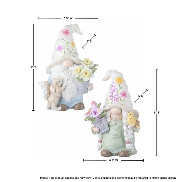 Resin Garden Gnome With Flower 9" Set of 2