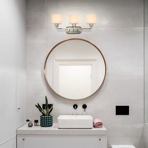 Brushed Nickel 3-Light Vanity Light with Etched White Glass Shades