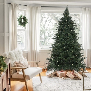 Pre-Lit LED 7ft Green PE/PVC Artificial Green Christmas Tree with Metal Stand - 84" H x 47" W x 47" D