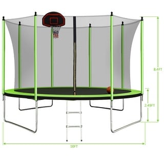 10FT Trampoline with Basketball Hoop Inflator & Ladder Inner Net Green