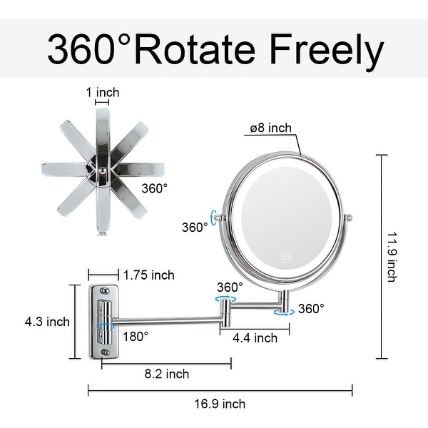 8 inch 1X/10X HD Magnifying Double-Sided Wall Mounted Makeup Mirror, 3 Color LED Light, Extension Arm - N/A