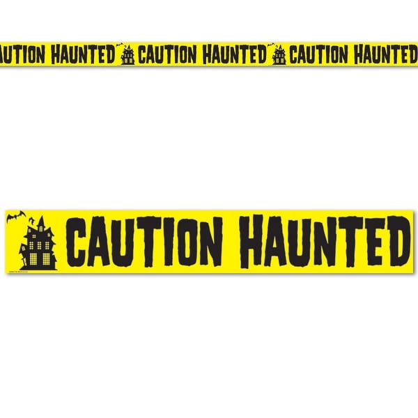 Club Pack of 12 Yellow and Black "Caution Haunted" Halloween Party Tape Decorations 20'