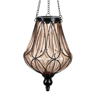 Exhart Solar Amber Glass Hanging Lantern with Looping Metal Pattern, 8 by 24 Inches
