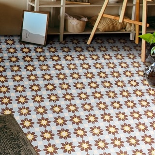 Ahfir Handmade Cement Tile, 8x8, Brown/Blue/Yellow