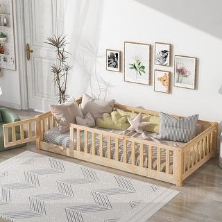 Twin/Full/Queen Size Floor Bed with Fence and Door, Wooden Montessori Platform Bed Frame Daybed Playpen Bed for Kids, Boys Girls