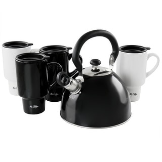 Mr. Coffee 9Pc Whistling Tea Kettle and Travel Mug Set Black and White