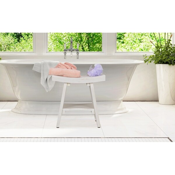CoastalVogue Serenity Antique White Finish Shower Stool Teak Wood Bench/Stool with Storage Shelf 18-inches Wide x 18-inches High