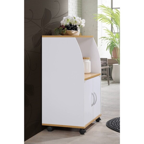 33" White and Beige Solid Microwave Kitchen Cart