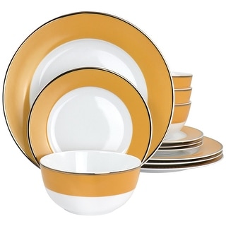 Martha Stewart Gold Rimmed 12 Piece Fine Ceramic Dinnerware Set in Yellow - 12 Piece