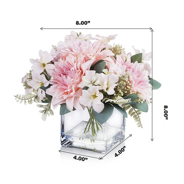 Enova Home Mixed Artificial Silk Dahlia Faux Flowers Arrangement in Cube Glass Vase with Acrylic Water for Home Office Decor
