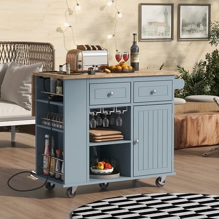Kitchen Island Cart Serving Cart with Storage, Kitchen Island On Wheels with Power Outlet, Drop Leaf, Wine Rack and Drawers