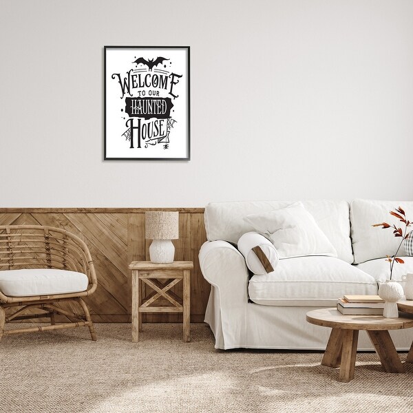 Stupell Welcome Haunted House Halloween Bat Spider Webs Framed Wall Art - White