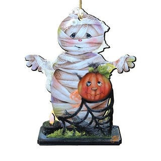 Set of 2 Mummy Pumpkin Wooden Halloween Ornaments 5.5"
