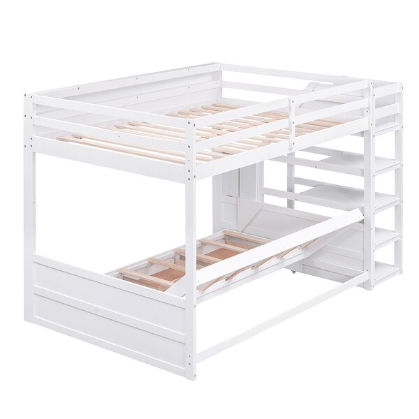 Space-Saving Full Size Bunk Bed with Storage Staircase, Solid Wood Convertible Bunk Beds with Bedside Table and 3 Drawers, White