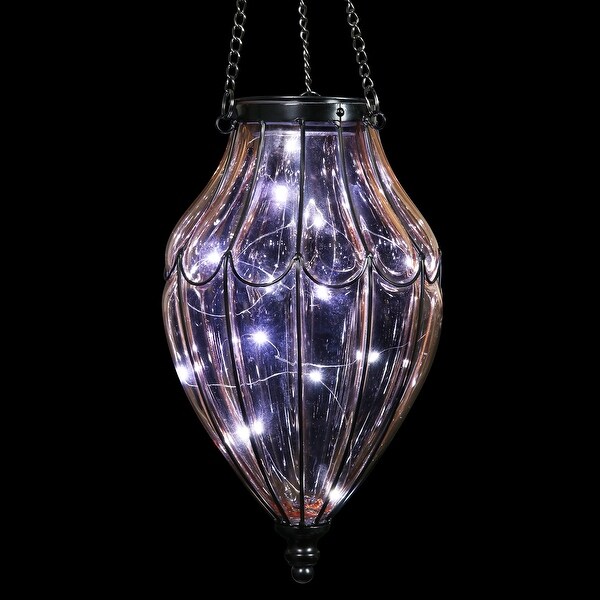 Exhart Solar Glass Hanging Lantern with Waving Metal Pattern, 7.5 by 25 Inches