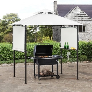 13Ft.Lx4.5Ft.W Steel Double Tiered Backyard Patio BBQ Grill Gazebo with Bar Counters&Extendable Shades, White