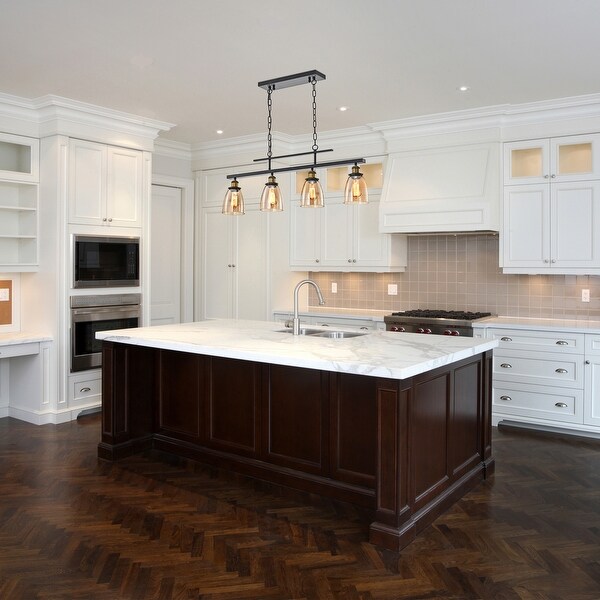 Antique Black 4-Light Linear Kitchen Island Lighting with Amber Glass Shades