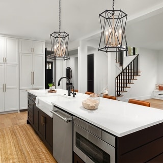 Modern Farmhouse Black Gold 4-light Cylinder Kitchen Island Lantern Pendant Light Candle Drum Foyer Chandelier - D 12.5"x H 18"