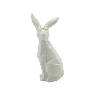 Ceramic, 8"h Sideview Bunny with Glasses, White,gold - 4" x 3" x 8"