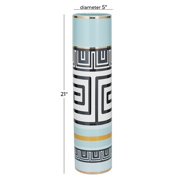 Teal White Black Stoneware Modern Abstract Cylinder Vase